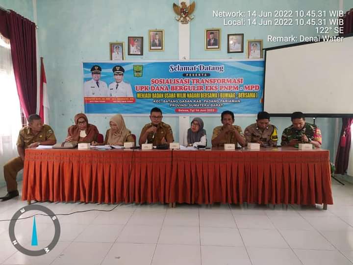 CAMAT BATANG GASAN, ARMEDES, SE.MM PIMPIN ACARA SOSIALISASI TRANSFORMASI UPK EKS. PNPM-MPd KE BUMNAG